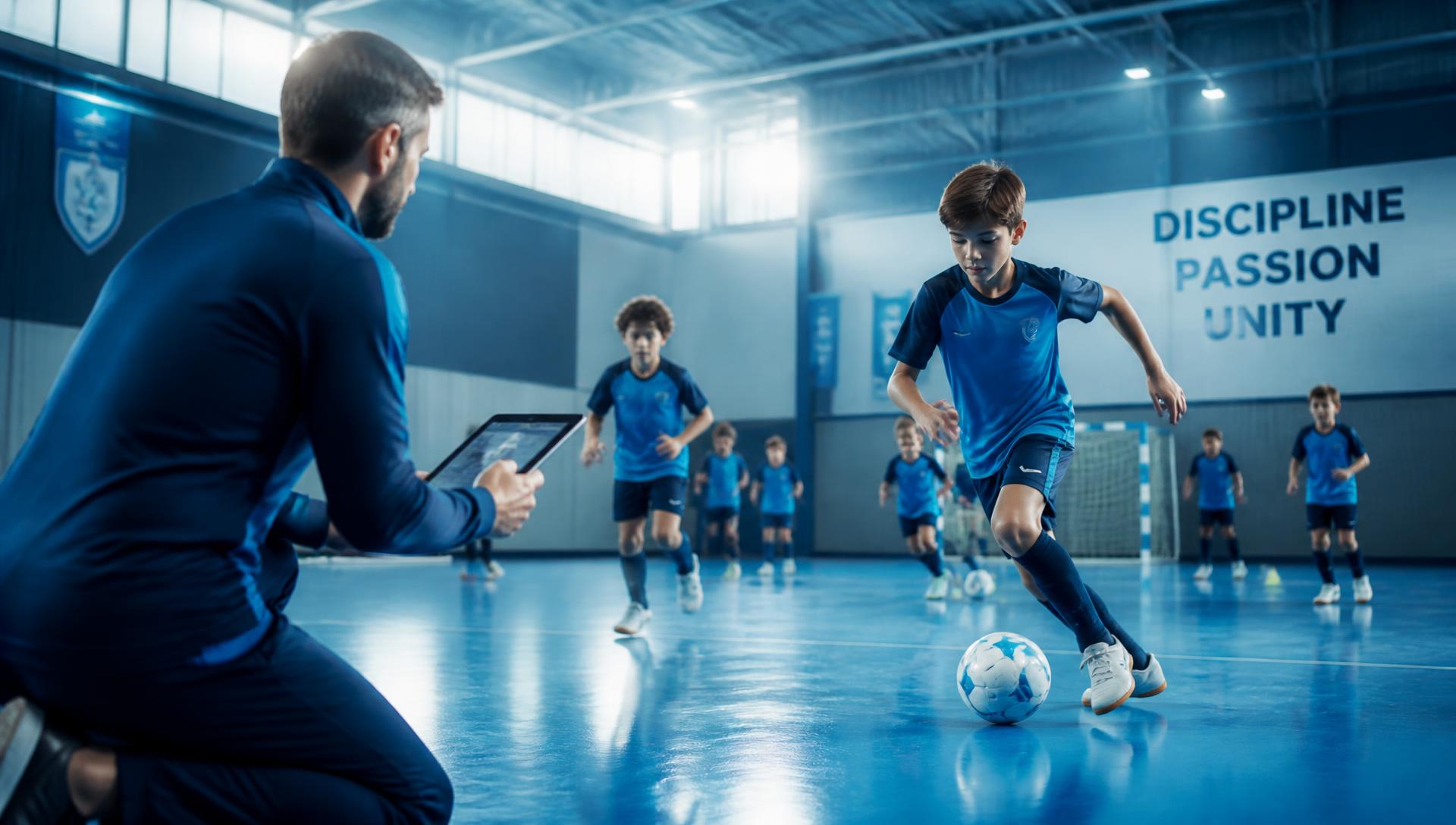 Utánpótlás futsalcsapat edzése, az edző tabletről követi a jelenlétet